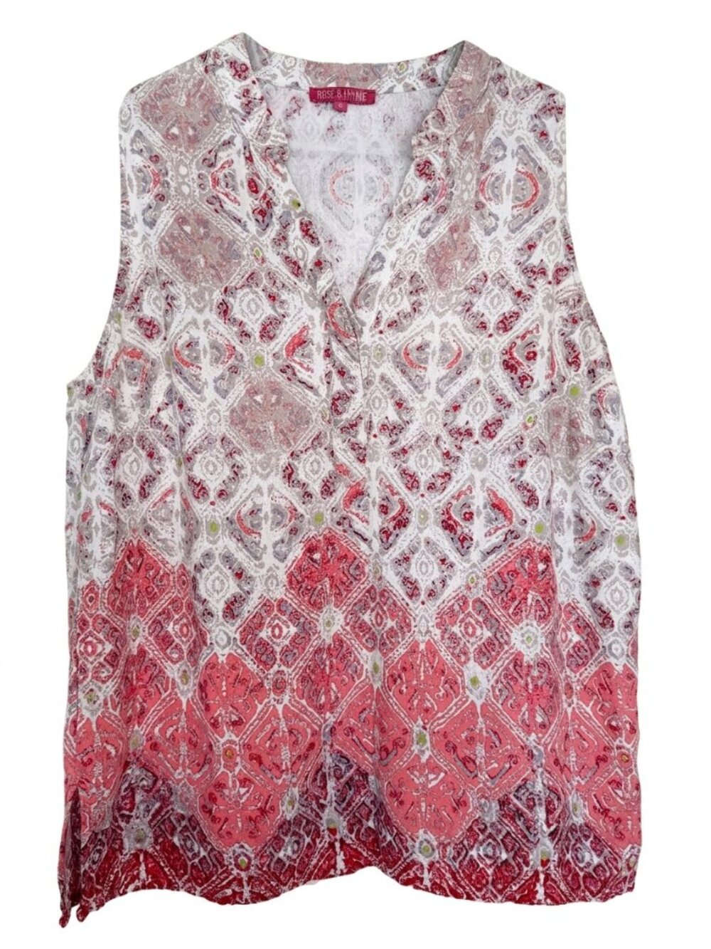 Rose & Thyme 1X Linen Blend Geometric Print Henley Sleeveless Blouse